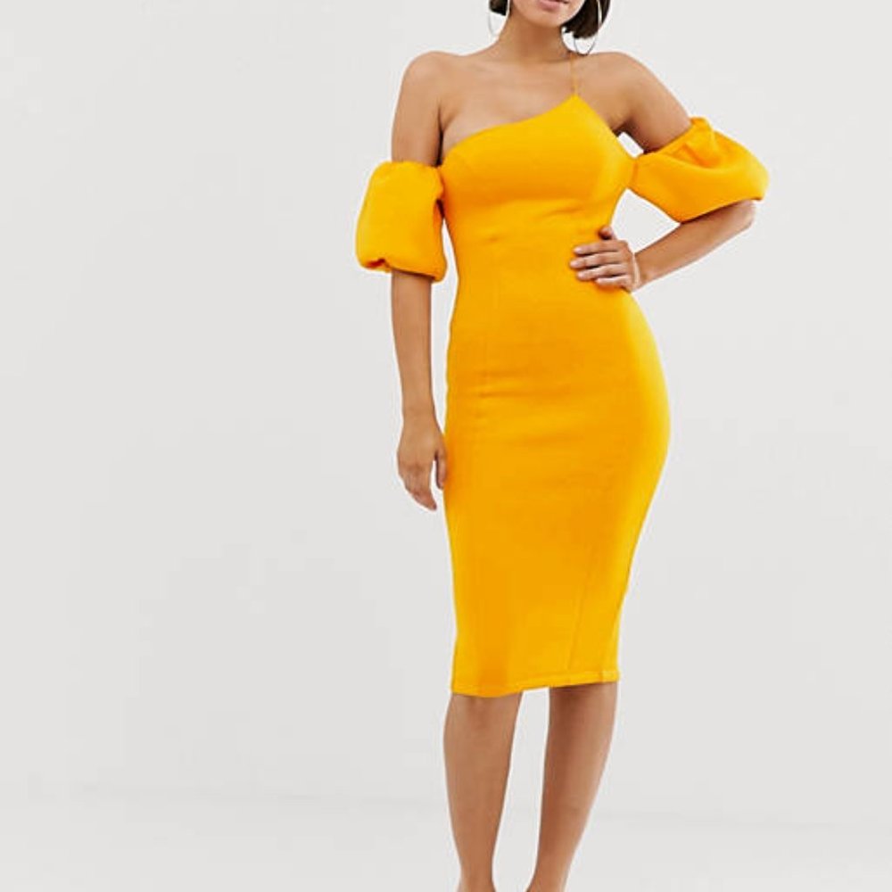 NWT ASOS Design Puff Sleeve Asymmetric midi dress, Size 4, Orange
